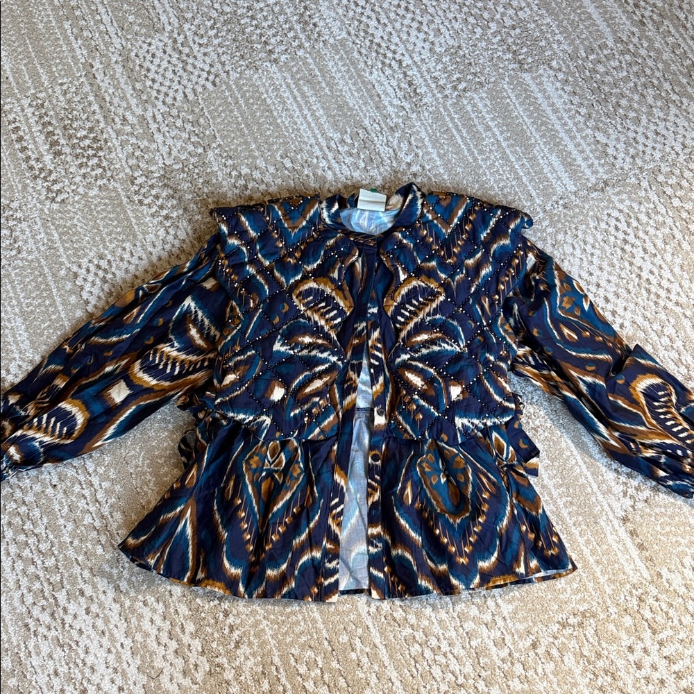 FARM Rio Navy Blue & Tan Patterned Peplum Blouse